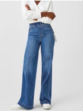 SPANX Seamed Wide Leg Jeans High Rise Tummy Control Blue Size 12 XL
